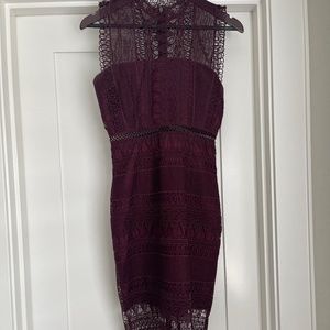 Bardot Lace High Neck Burgundy Midi Shift Dress